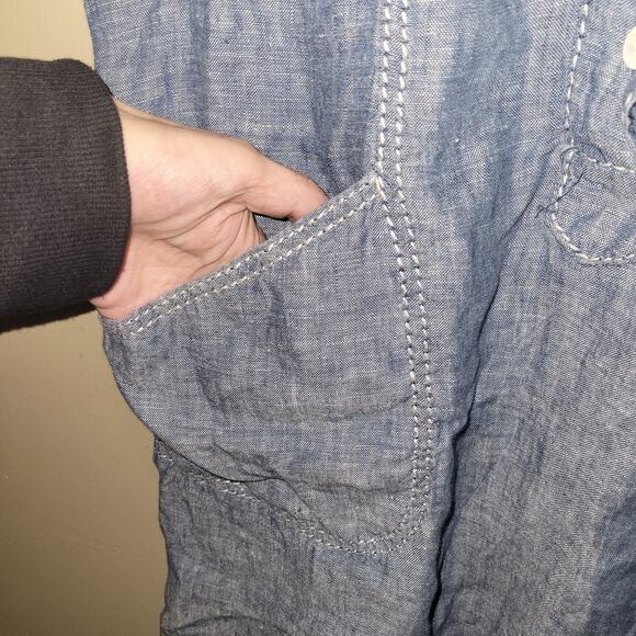 Signature Studio Medium Blue Chambray Short Sleeve Dress Lace Up Pockets - Picture 9 of 10